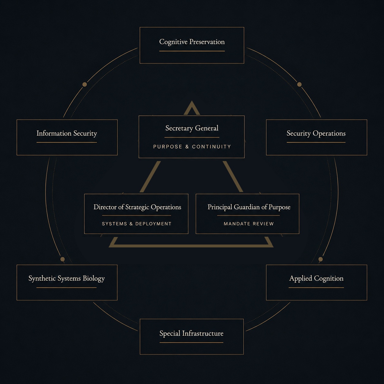 Institutional structure diagram showing the Society\'s central governance triangle and surrounding second-echelon research domains